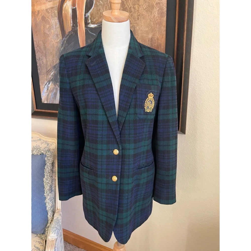 Lauren Ralph Lauren Plaid Blazer, Size 10, Blue & Green Wool & Cashmere - Picture 1 of 6